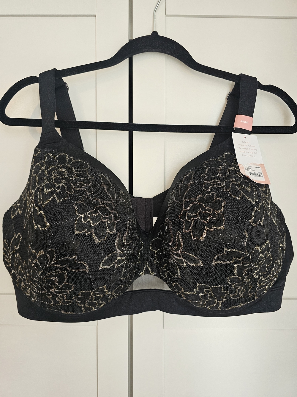 NWT Lane Bryant Cacique Comfort Bliss Bra 46DD Black Gold Lace Underwire